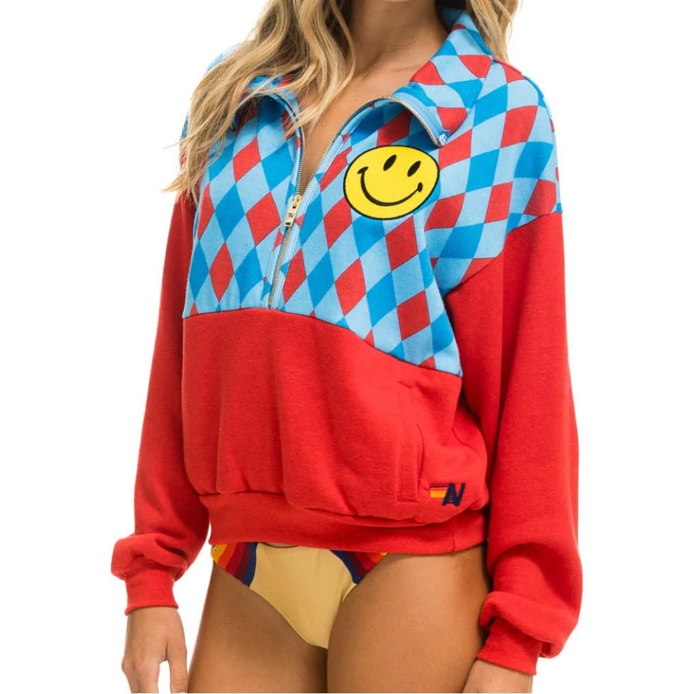 Aviator Nation Red & Light Blue Argyle Half-Zip Smiley Sweatshirt - Picture 2 of 10